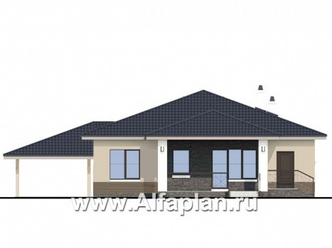 «Княженика» - проект одноэтажного дома, с террасой, планировка 2 спальни и сауна, навес на 1 авто, для небольшой семьи - превью фасада дома