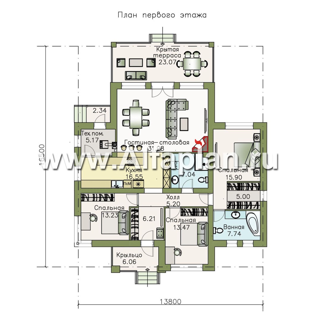 Проекты домов Альфаплан - «Витамин» - одноэтажный дом с большой гостиной и крытой террасой - план проекта №1