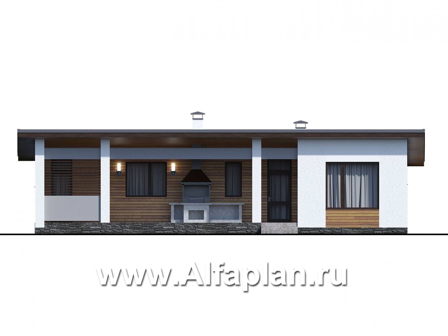 Проекты домов Альфаплан - «Эпсилон» - одноэтажный дом с сауной и джакузи на террасе - изображение фасада №1