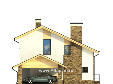Проект дома с мансардой, с террасой и с навесом на 1 авто, кирпичный коттедж в стиле хай-тек - превью фасада дома