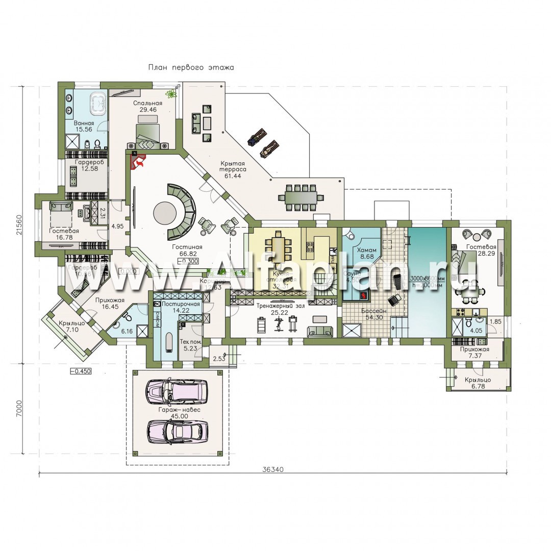 Проекты домов Альфаплан - «Модуль» — проект одноэтажного дома, со спортзалом и сауной, с бассейном и гостевой квартирой - изображение плана проекта №1