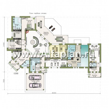 Проекты домов Альфаплан - «Модуль» — проект одноэтажного дома, со спортзалом и сауной, с бассейном и гостевой квартирой - превью плана проекта №1