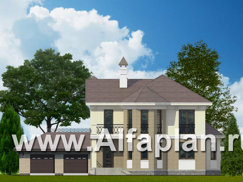 Проекты домов Альфаплан - «Классика»- двухэтажный особняк с эркером и гаражом на два автомобиля - основное изображение