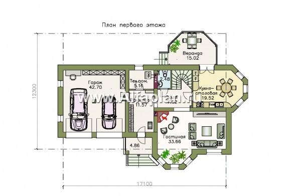 Проекты домов Альфаплан - «Классика»- двухэтажный особняк с эркером и гаражом на два автомобиля - превью плана проекта №1