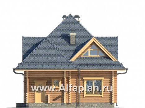 Проект деревянного дома с мансардой, из бревен, 3 спальни - превью фасада дома