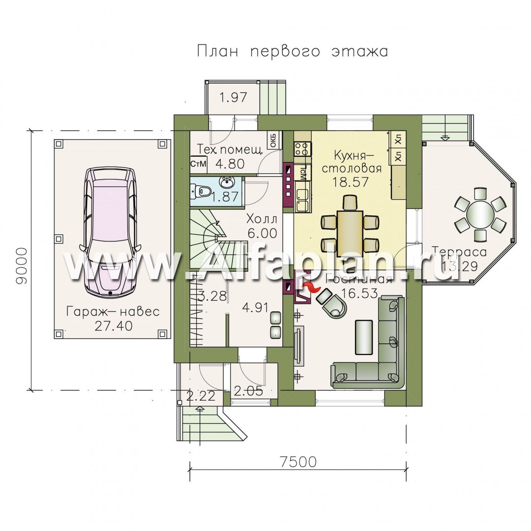 Проекты домов Альфаплан - Кирпичный дом «Оптима» с навесом и террасой - изображение плана проекта №1