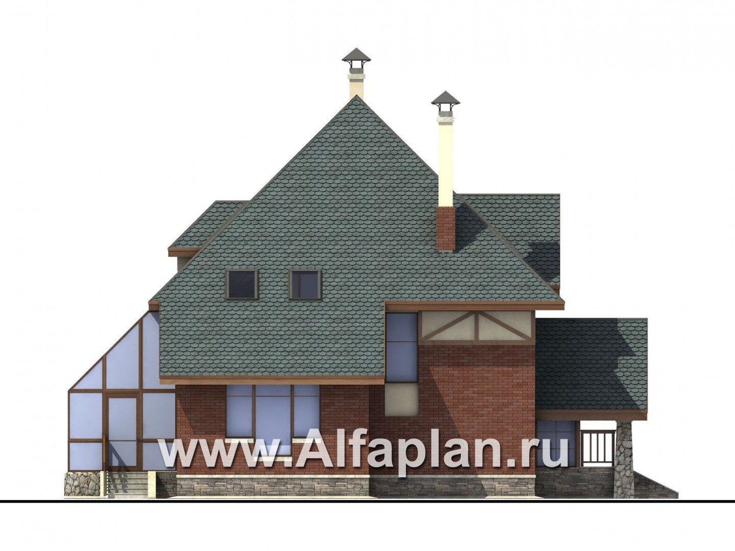 «Уют» - проект дома с мансардой, с зимним садом, в стиле фахверк - фасад дома