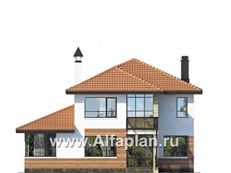 Проекты домов Альфаплан - «Драйв»- дом с высокой гостиной и  террасой - превью фасада №1