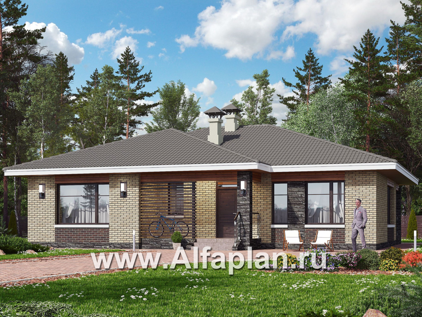 Проекты домов Альфаплан - «Вуокса» - проект одноэтажного дома из кирпича с комфортной планировкой - основное изображение