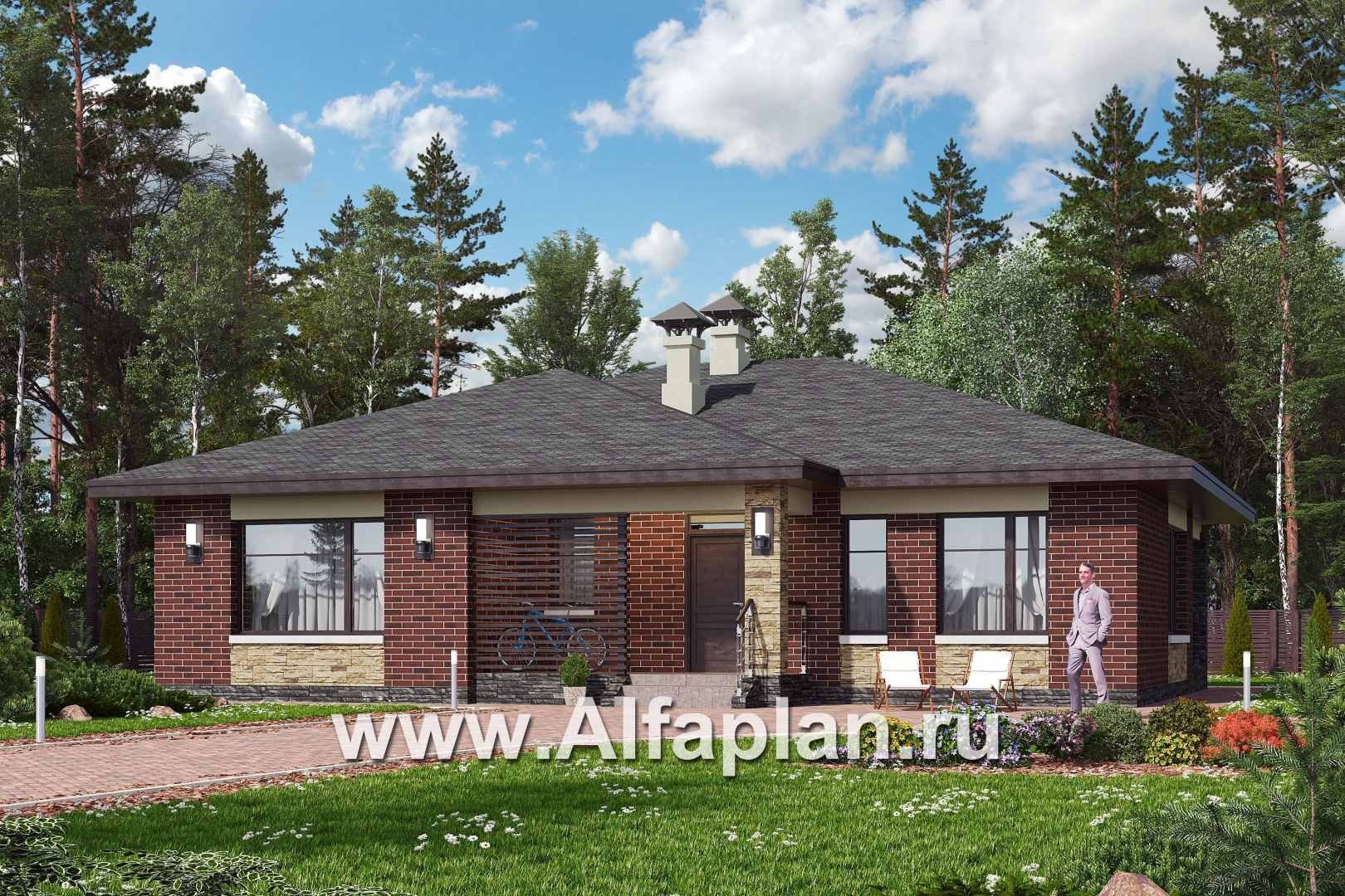 Проекты домов Альфаплан - «Вуокса» - проект одноэтажного дома из кирпича с комфортной планировкой - дополнительное изображение №2