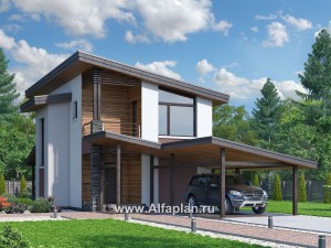 Превью проекта ««Арс» - проект двухэтажного дома, с террасой и с балконом,  для узкого участка, навес на 1 авто»