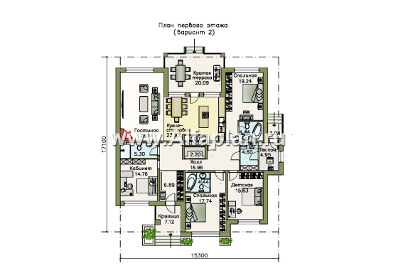 «Калипсо» - проект одноэтажного дома, 4 спальни, c террасой,фасады из кирпича и камня  в современном стиле - превью план дома