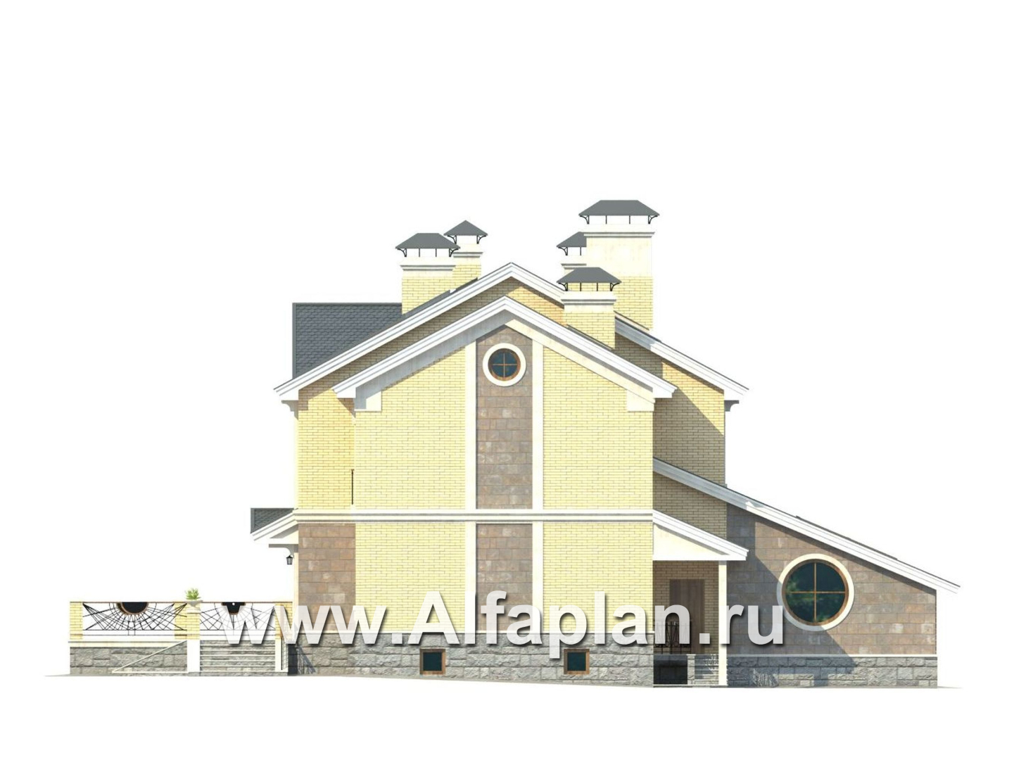 Проекты домов Альфаплан - «Поместье» - проект двухэтажного дома, с мансардойи двусветной гостиной, вилла в классическом стиле - изображение фасада №2