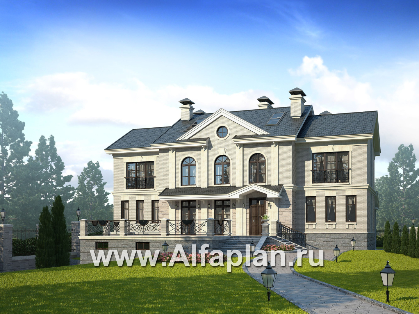 Проекты домов Альфаплан - «Поместье» - проект двухэтажного дома, с мансардойи двусветной гостиной, вилла в классическом стиле - дополнительное изображение №1