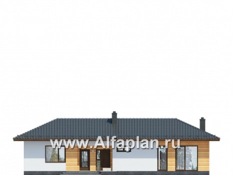 Проект одноэтажного дачного дома из газобетона, 2 спальни, в современном стиле - превью фасада дома