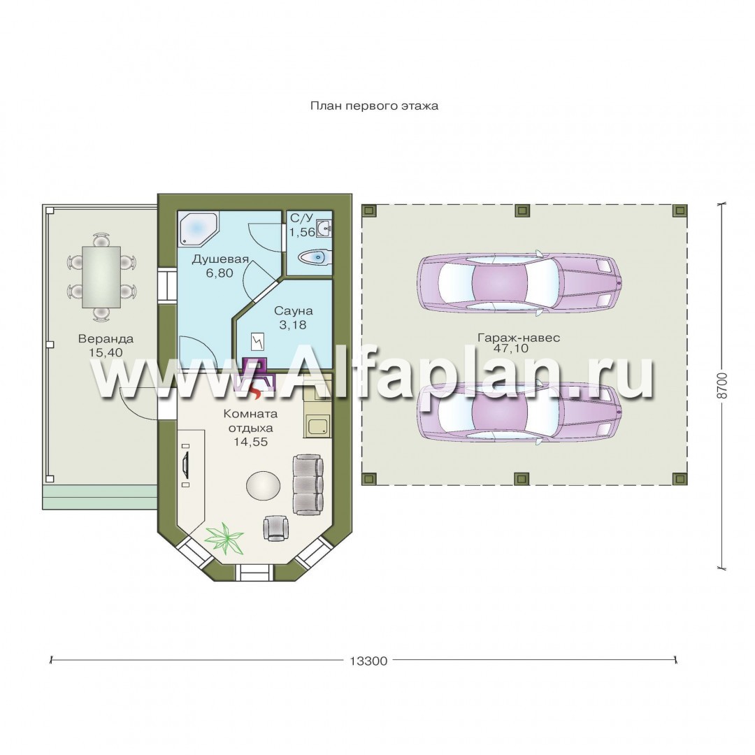 Проекты домов Альфаплан - Комфортабельная баня с навесом для автомобилей - план проекта №1