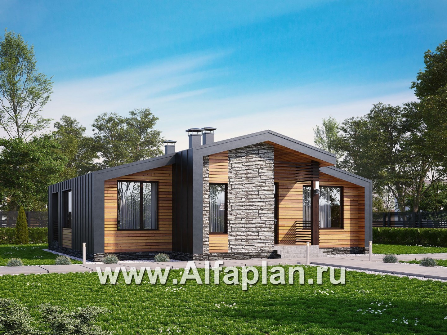 Проекты домов Альфаплан - «Альфа» - каркасный коттедж с фальцевыми фасадами - основное изображение