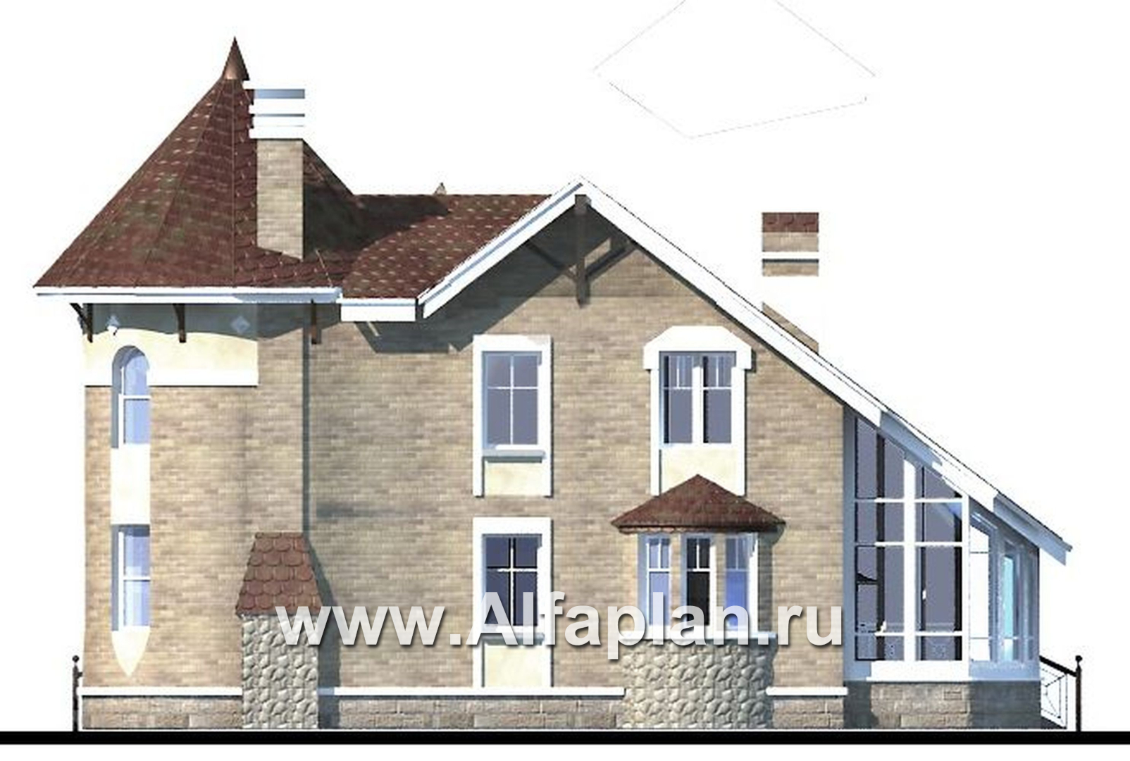 Проекты домов Альфаплан - «Камелот» -  загородный дом с угловой «башней» - изображение фасада №2