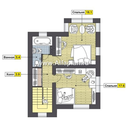 Проект двухэтажного дома, планировка с гостевой на 1 эт и 3 спальни, с террасой - превью план дома