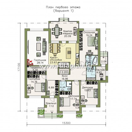 «Калипсо» - проект одноэтажного дома, 4 спальни, c террасой, в современном стиле - превью план дома