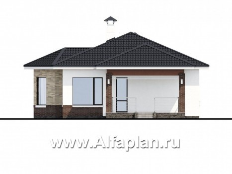 Проекты домов Альфаплан - «Гемера» - стильный одноэтажный дом с эркером и гаражом-навесом - превью фасада №2