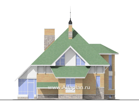 «Петит» - проект дома с мансардой, планировка с полукруглым эркером и с террасой, с цокольным этажом - превью фасада дома