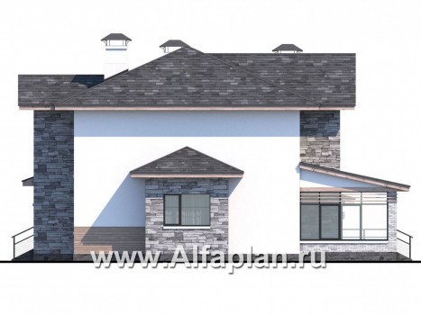 Проекты домов Альфаплан - «Снежная страна» - изящный коттедж с террасами и гаражом - превью фасада №2