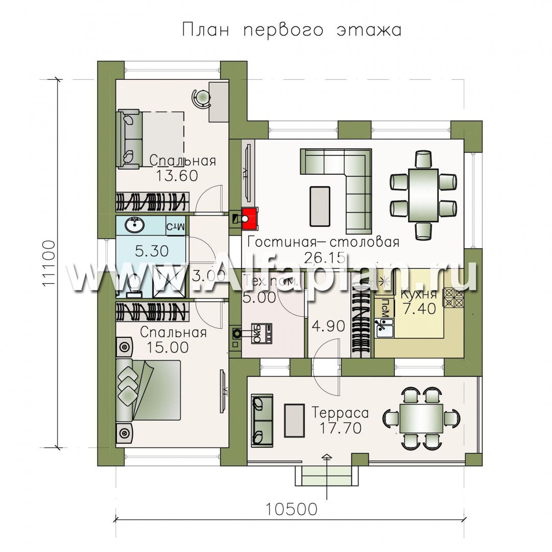 Проекты домов Альфаплан - «Онега» - проект одноэтажного дома с двумя спальнями - план проекта №1