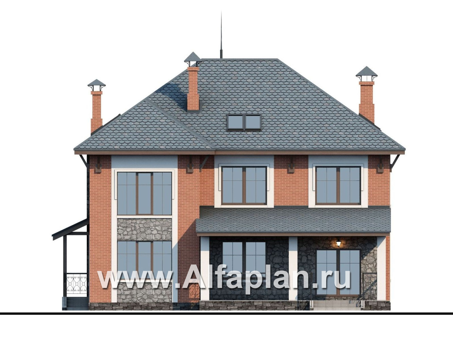 Проекты домов Альфаплан - «Айвенго»- двуxэтажный особняк для большой семьи с жилой мансардой - изображение фасада №4