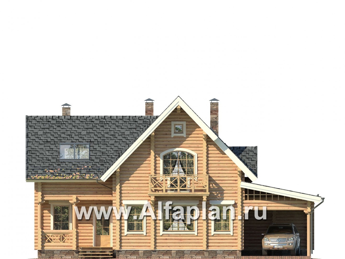 Проекты домов Альфаплан - Деревянный дом с террасой и навесом для машины - изображение фасада №1
