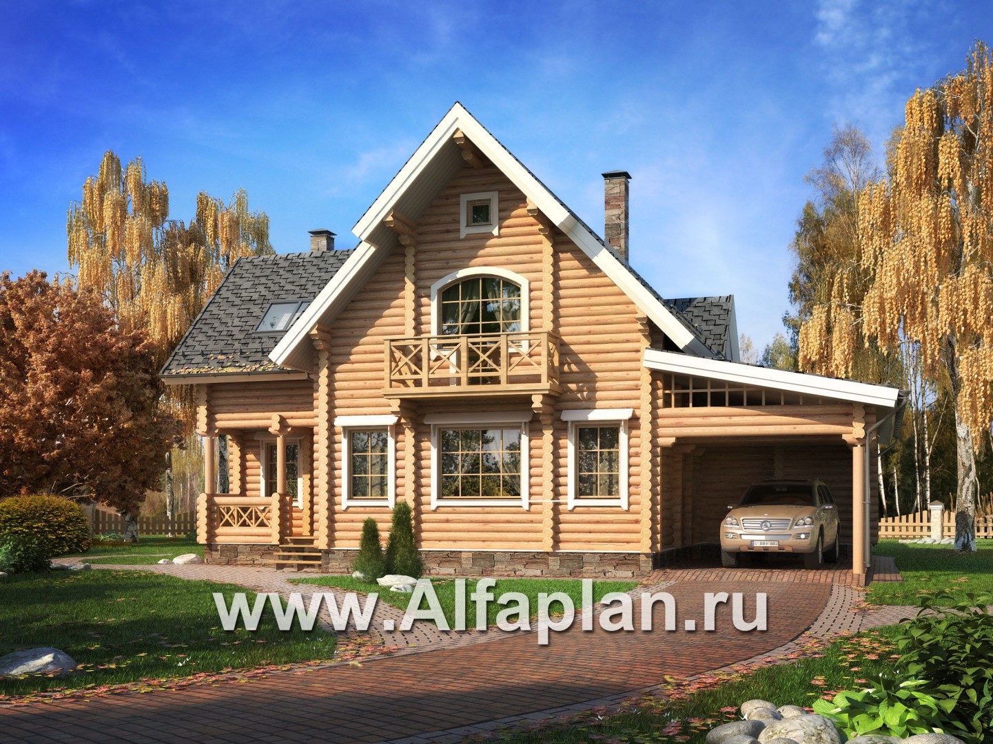 Проекты домов Альфаплан - Деревянный дом с террасой и навесом для машины - основное изображение