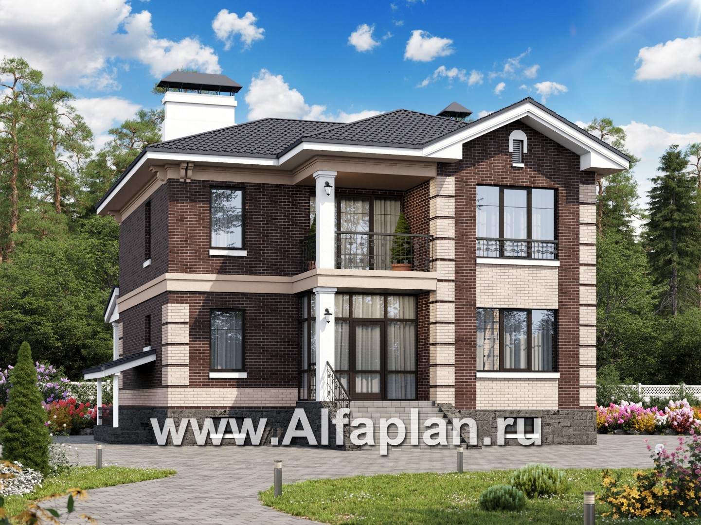 Проекты домов Альфаплан - «Репутация»- аристократический коттедж из блоков с цоколем - основное изображение