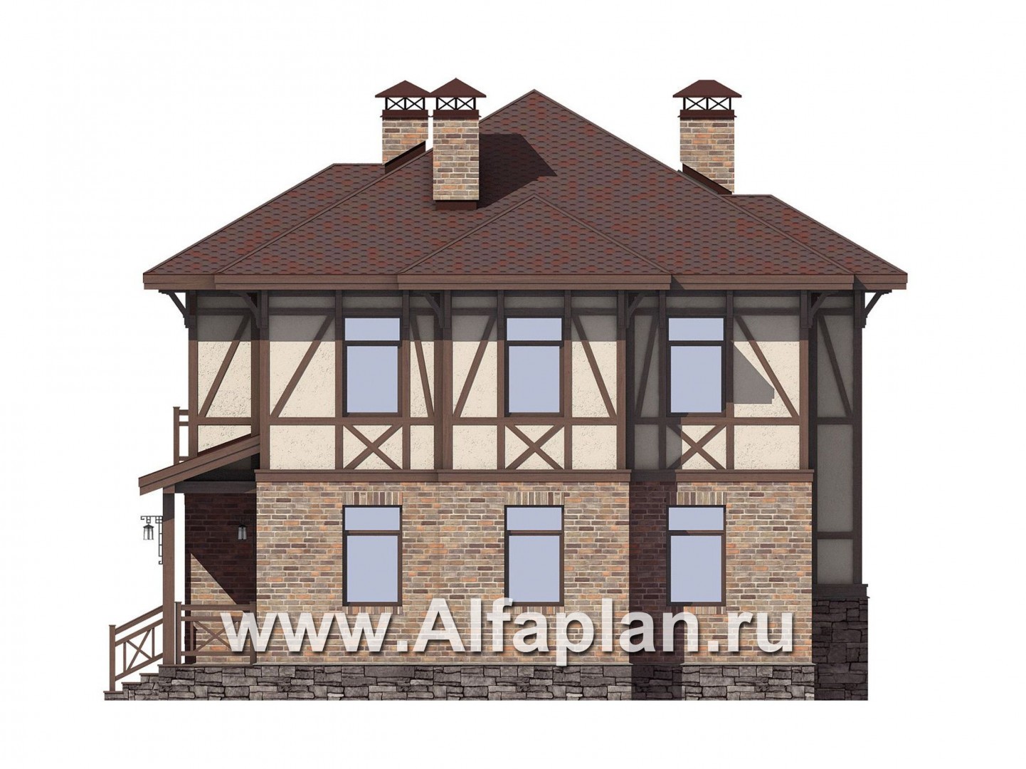 Проект двухэтажного дома, из кирпича, планировка с террасой, в стиле фахверк - фасад дома