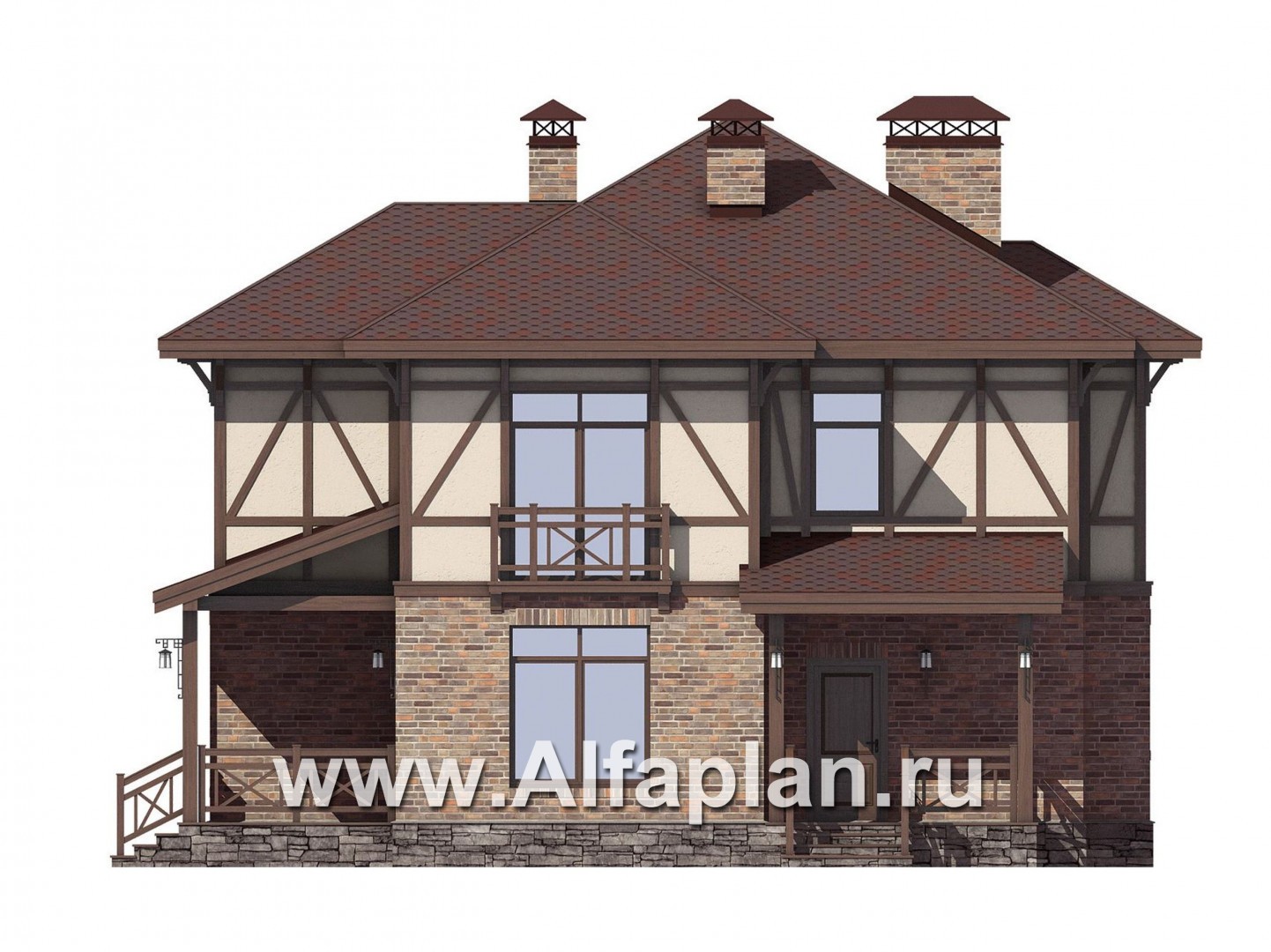 Проект двухэтажного дома, из кирпича, планировка с террасой, в стиле фахверк - фасад дома