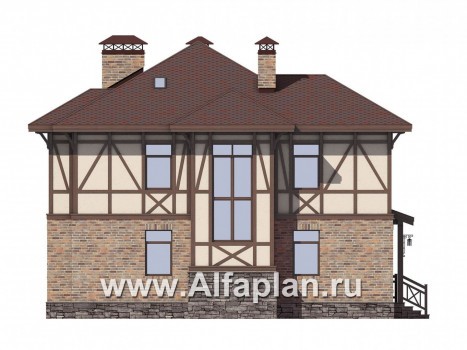 Проект двухэтажного дома, из кирпича, планировка с террасой, в стиле фахверк - превью фасада дома