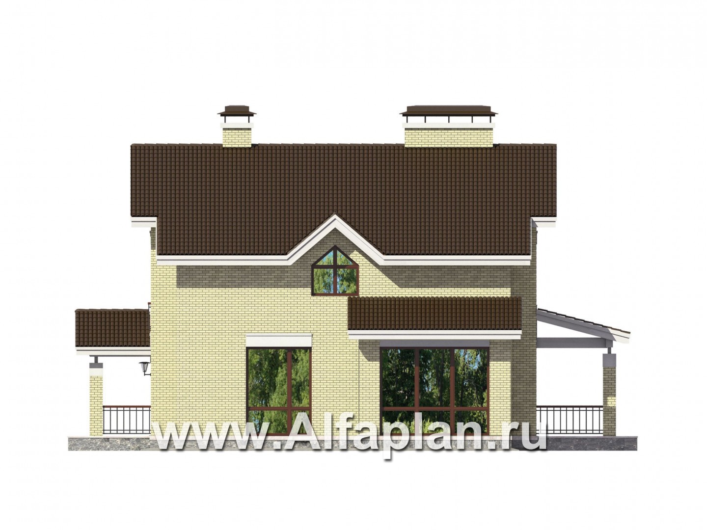 Проект двухэтажного дома из кирпича, с террасой и навесом на 1 авто - фасад дома