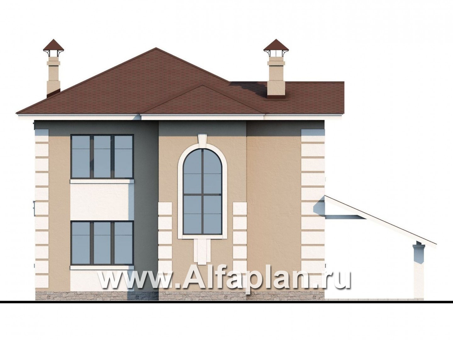 «Знаменка» - проект двухэтажного дома из газобетона, планировка с эркером и с террасой, с навесом на 1 авто - фасад дома
