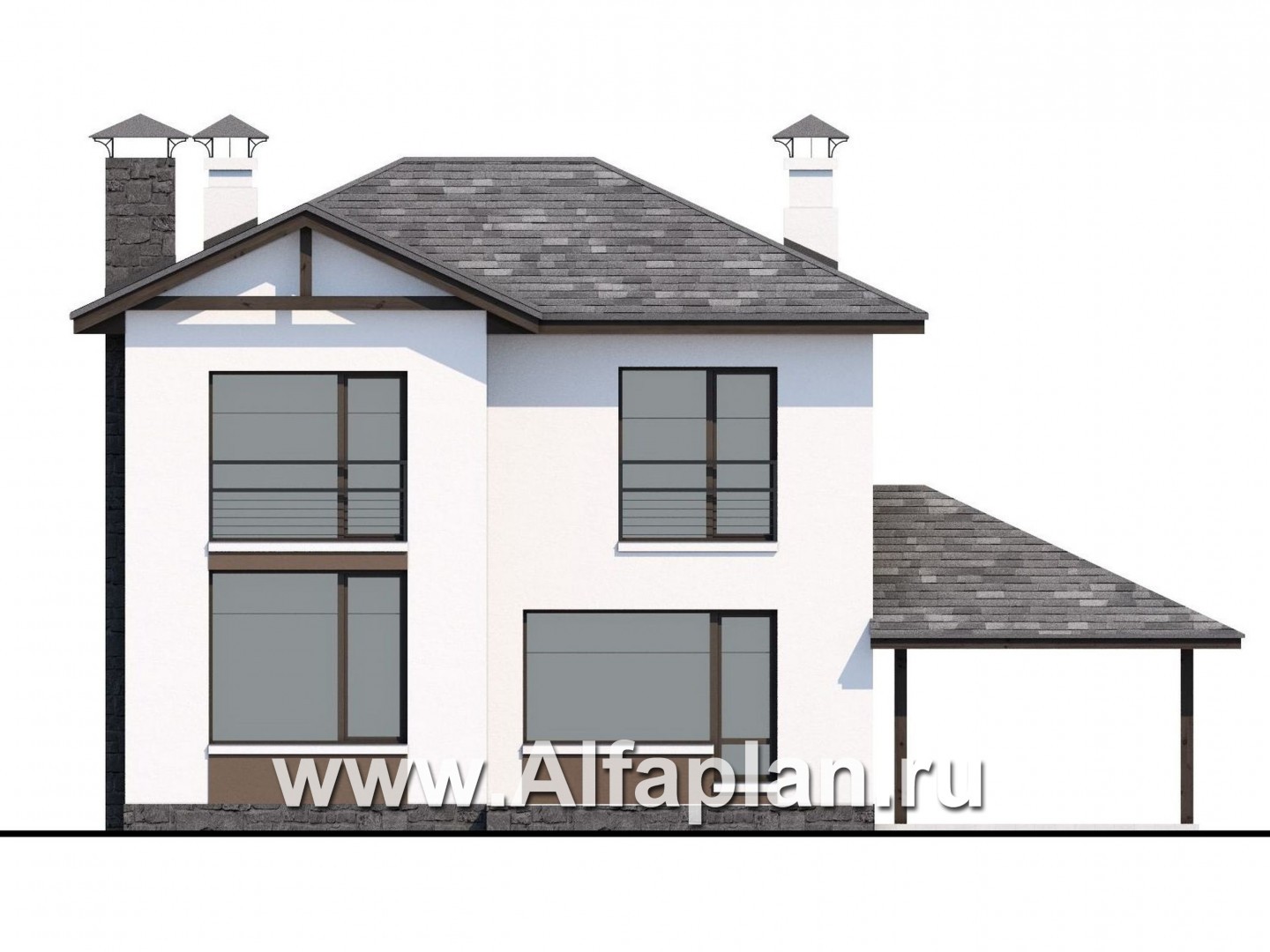 «Панорама» - проект простого двухэтажного дома из газобетона, с навесом на 1 авто, в современном стиле - фасад дома