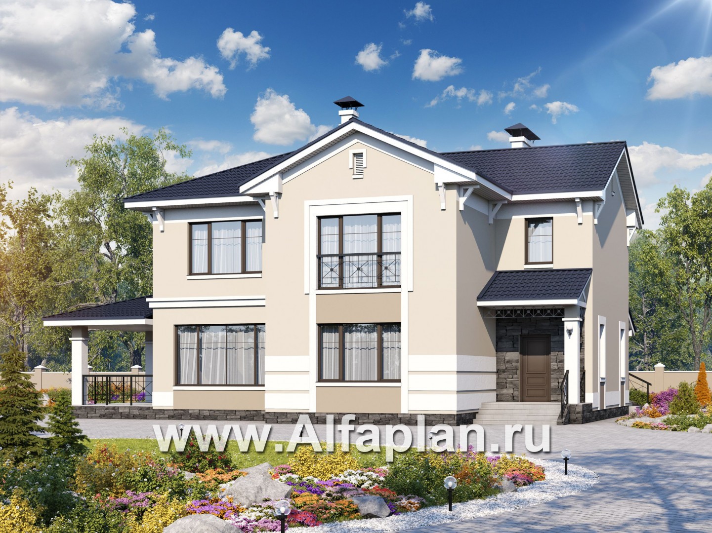 Проекты домов Альфаплан - «Патриций» - комфортабельный коттедж с большой верандой и террасой - основное изображение