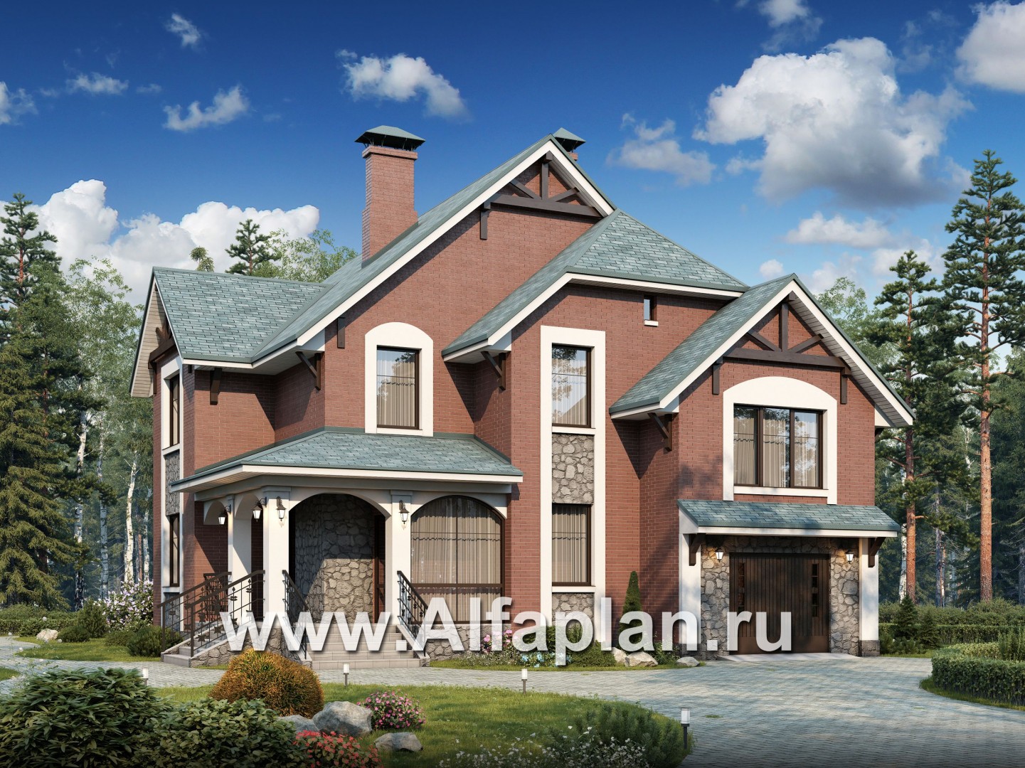 Проекты домов Альфаплан - «Кленовый лист»- комфортный дом с гаражом и бильярдной - основное изображение
