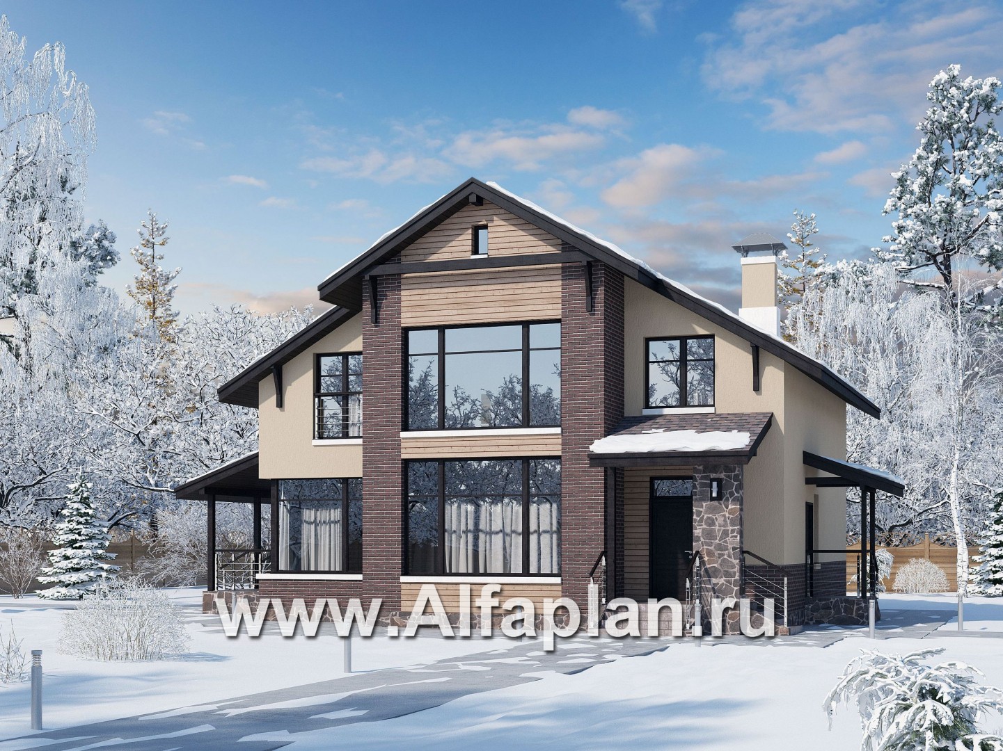 Проекты домов Альфаплан - «Клипер» - комфортный дом с двускатной крышей - основное изображение
