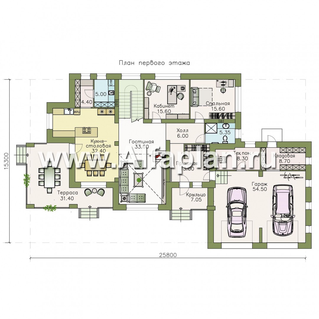 Проекты домов Альфаплан - «Арно» - проект двухэтажного дома,  с двусветной гостиной, с террасой, с гаражом на 2 авто - план проекта №1