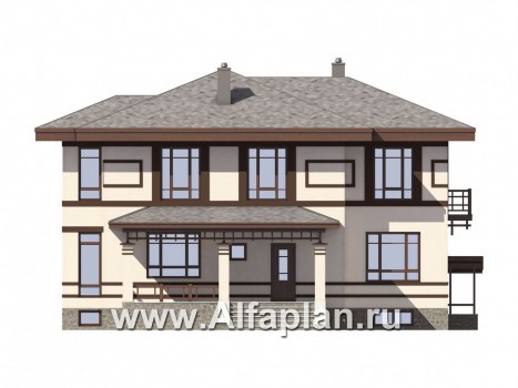 Проект двухэтажного дома, планировка с гостевой комнатой на 1 эт и с террасой, с цокольным этажом - превью фасада дома