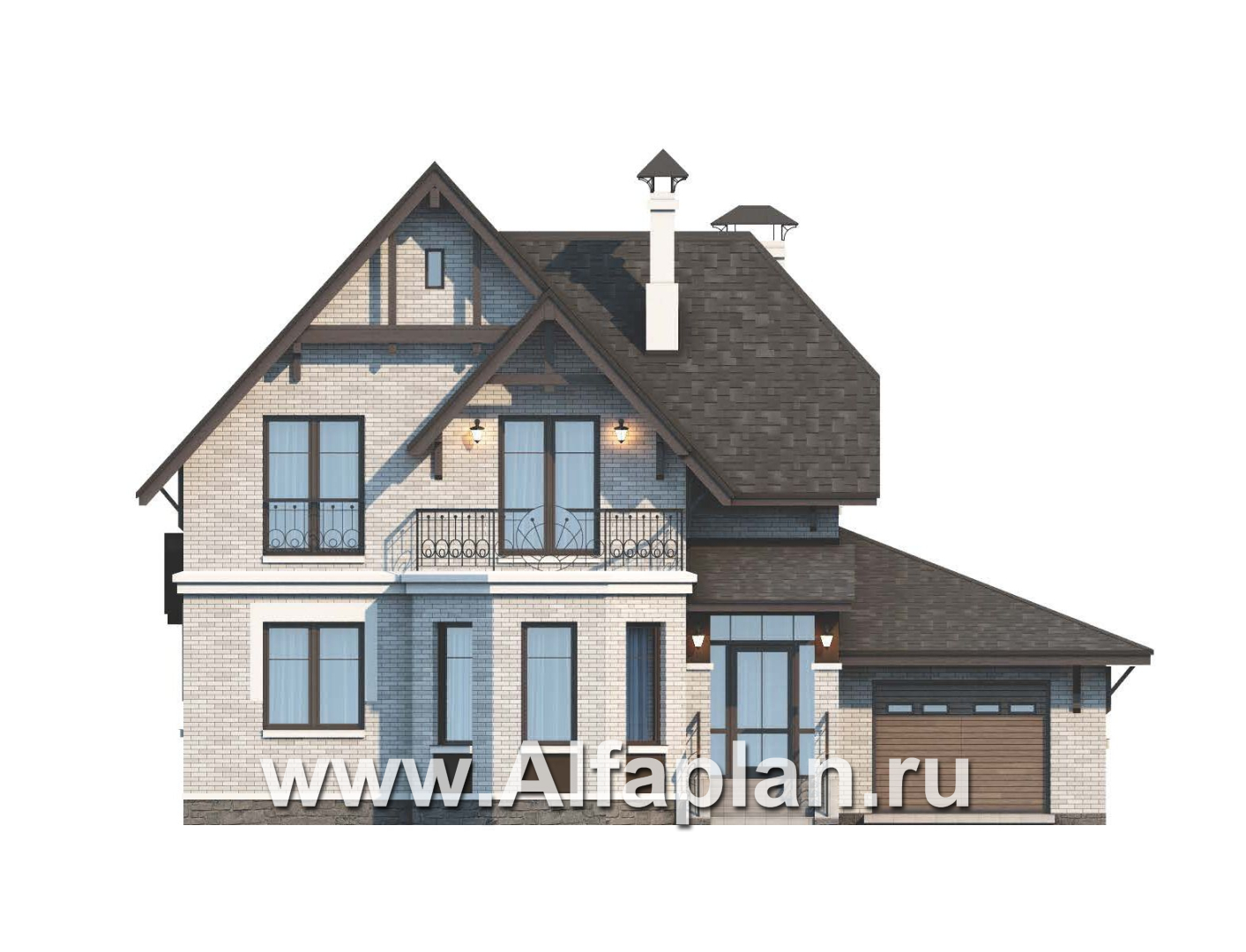 Проекты домов Альфаплан - «Шевалье»- дом с гаражом и балконом над эркером - изображение фасада №1