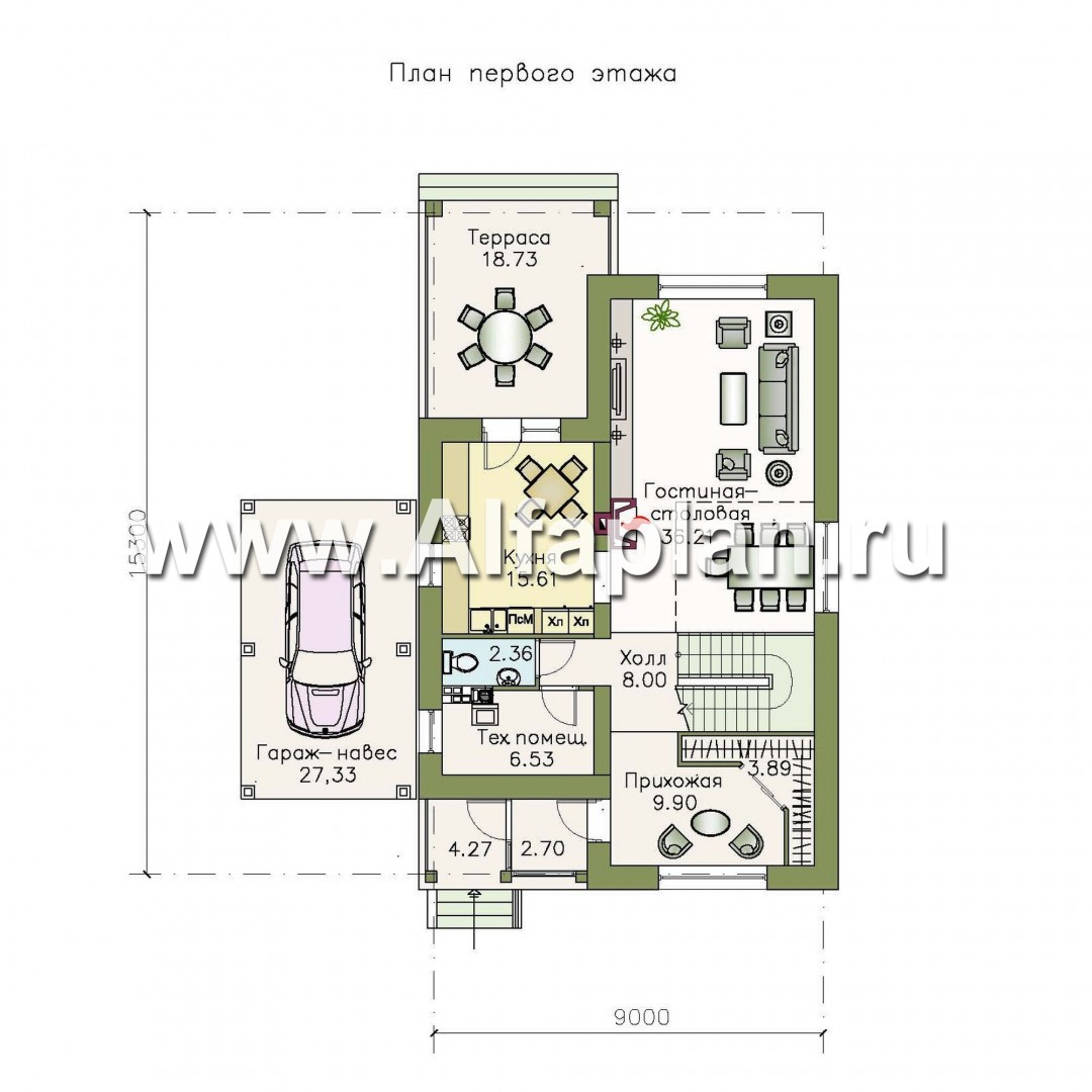 Проекты домов Альфаплан - «Монрепо» - компактный дом с гаражом-навесом - изображение плана проекта №1