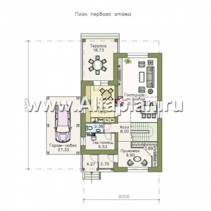 Проекты домов Альфаплан - «Монрепо» - компактный дом с гаражом-навесом - превью плана проекта №1