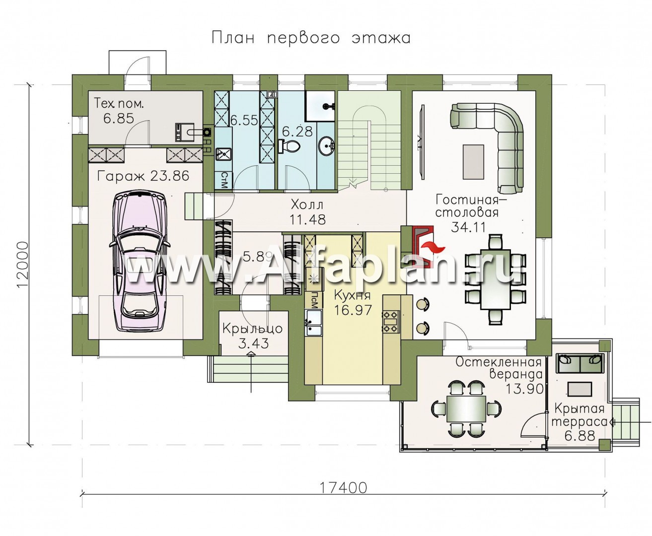 Проекты домов Альфаплан - «Летний вечер» - современный двухэтажный коттедж с гаражом и верандой - план проекта №1