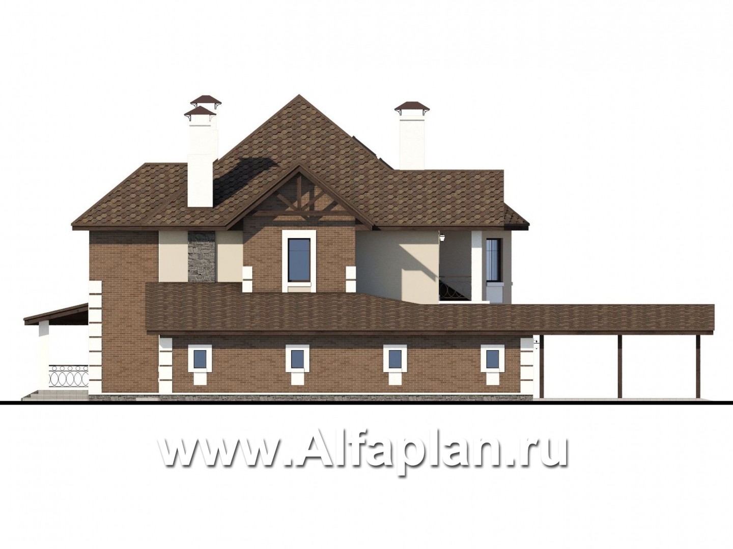 «Воронцов» - проект двухэтажного дома из газобетона с эркером, с биллиардной,  с гаражом и навесом на 4 авто - фасад дома