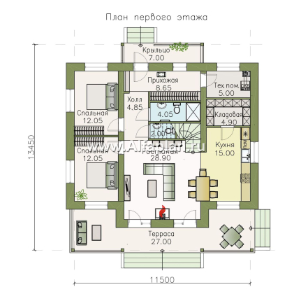 «Моризо» - проект дома с мансардой, планировка 2 спальни на 1 эт и вторая гостиная на 2 эт, шале с двускатной крышей - превью план дома