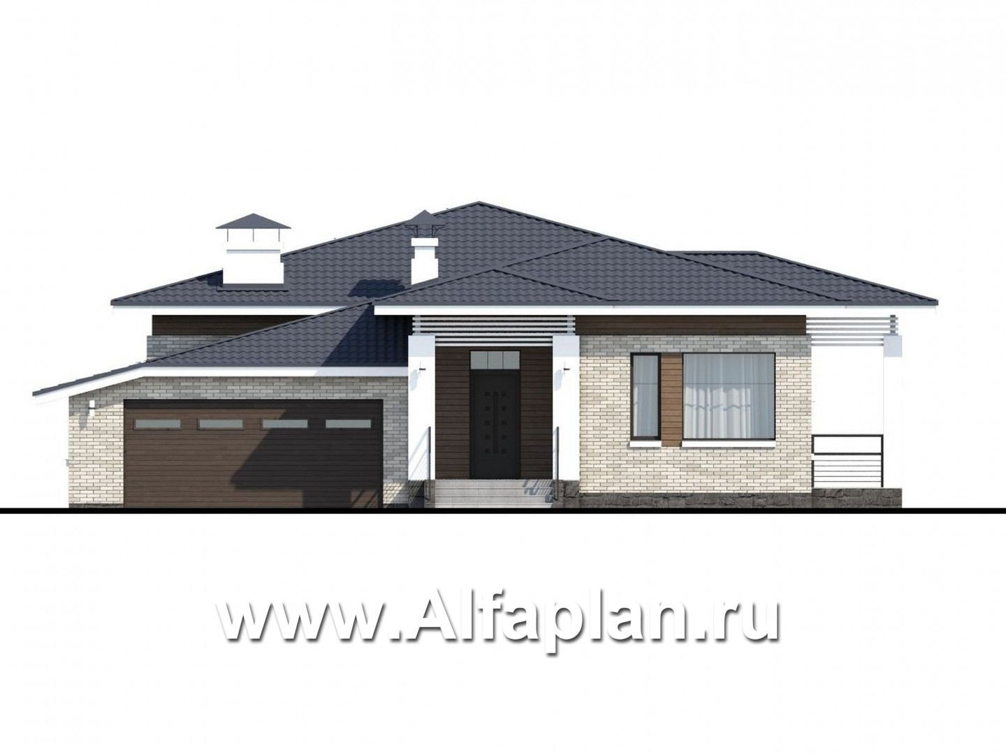 Проекты домов Альфаплан - «Днестр» - одноэтажный коттедж с большим гаражом и террасой - изображение фасада №1